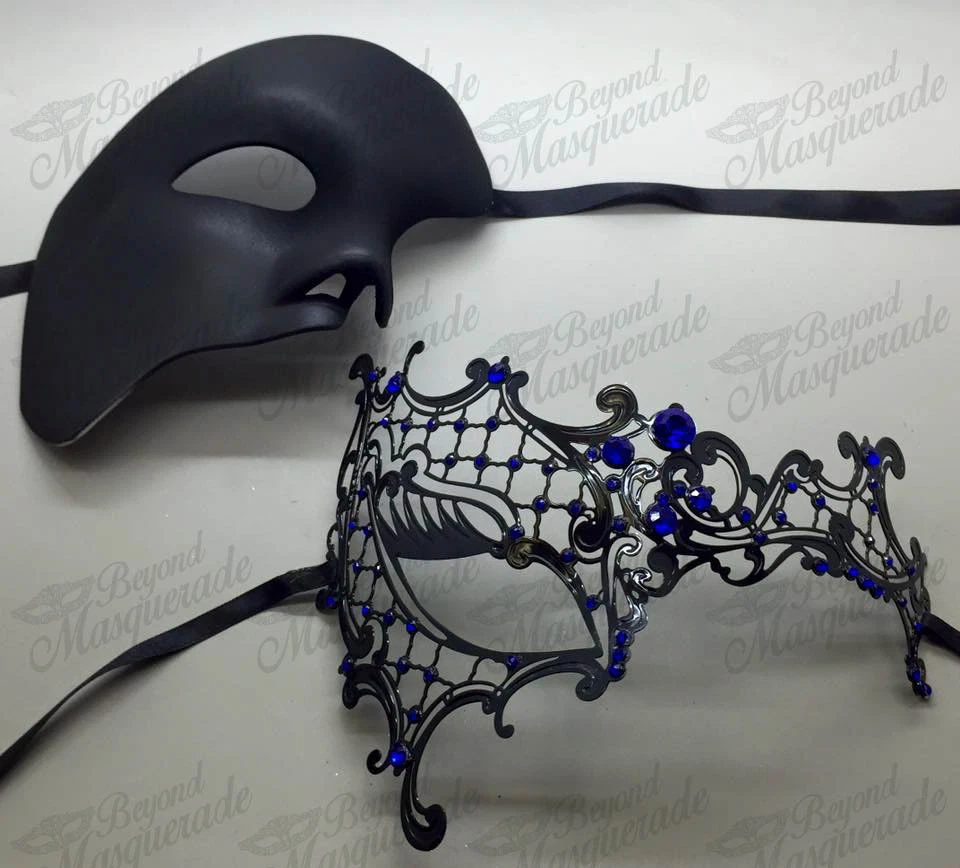 His & Her Couple Masquerade Mask, Silver Themed Phantom Mask, Blue Rhinestones - Image 1 of 1