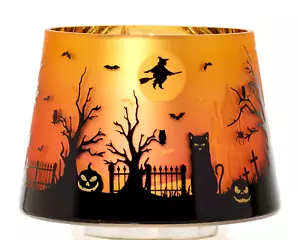 Candela Yankee Halloween arancione paralume vetro tremolante cimitero gatto nero strega👻 - Foto 1 di 10