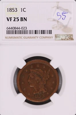 1853 Braided Hair Large Cent NGC VF-25 BN #4-023 - Image 1 of 2