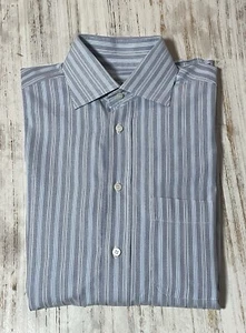Brioni Camicia Uomo Bottoni Blu Medio Rigato Cotone Popeline Italia Neiman Marcus - Foto 1 di 10