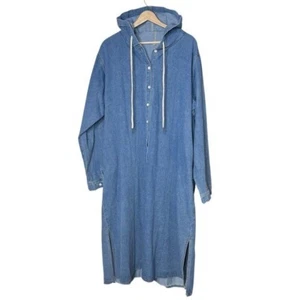 Womens Denim Button Front Hooded Maxi Jacket Size 2X Long Sleeve Long Shacket - Picture 1 of 12