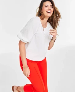 On 34th Womens Size Large Elbow-Length Ballon- Sleeve Top in Washed White 2219 - Picture 1 of 7