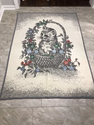 De Colección Biederlack Reversible Gatito Gato Cesta Flores Floral Manta Tiro 52x74 Foto 1 de 4