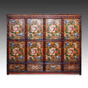 RARE ANTIQUE CABINET PAINTED PINE WOOD TIBET CHINESE FURNITURE 19TH C. 