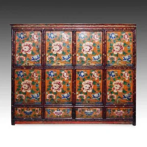 RARE ANTIQUE CABINET PAINTED PINE WOOD TIBET CHINESE FURNITURE 19TH C.  - Picture 1 of 7