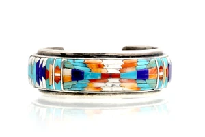 Bracciale Aperto In Argento Sterling 925 Con Inlay In Gemma Turchese Lapis - Foto 1 di 7
