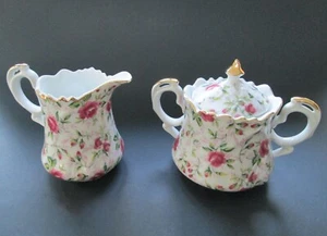 Vtg. LEFTON #661R Red Rose Chinz SUGAR + CREAMER w/Label Hand Painted in JAPAN - Picture 1 of 4