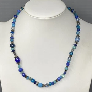 Glass Bead Necklace Vintage Blue Aqua Transparent Opaque Pressed Collar Boho 19" - Picture 1 of 12