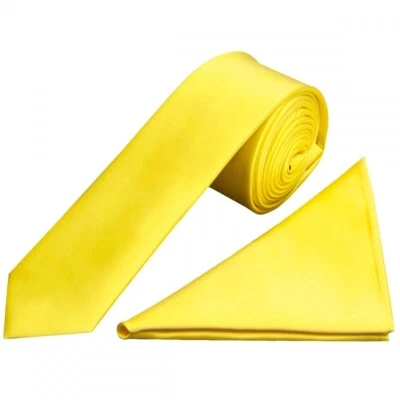 TIESRUS Sunshine Yellow Satin Skinny Men's Tie and Pocket Square Set Wedding Formal Prom