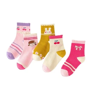 5 Pairs Pink Flower Cartoon Knit Children's Socks Casual Fashion Wear For Girls - Picture 1 of 8