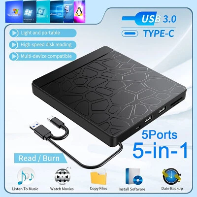 External CD/DVD Drive Disk Player for USB 3.0 Type-C Laptop PC MacBook Windows - Image 1 of 4