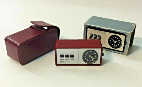 Vintage Emes Sonochron Wind-Up Mini Alarm Clock With Case and Sleeve Not Working Cover