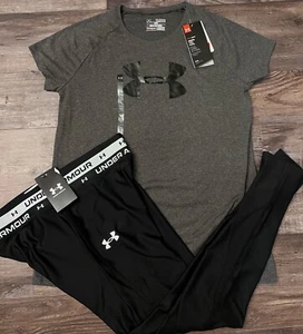 NWT Under Armour YXL Girls Black/Dark Gray Big Logo Leggings Set - Picture 1 of 5