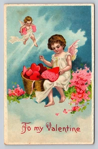 c1910 Valentine Postcard Cherub Angels Delivering Hearts Basket Sewing Flowers - Picture 1 of 2