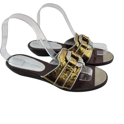 Sandalias Marc By Marc Jacobs Talla 37.5 7.5 Cuero Dorado Tono Plateado Hebilla Tanga Foto 1 de 4