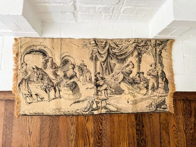 Antique Victorian Era Wall Tapestry Courtyard Scene Dancing women Men Hourses - Изображение 1 из 4