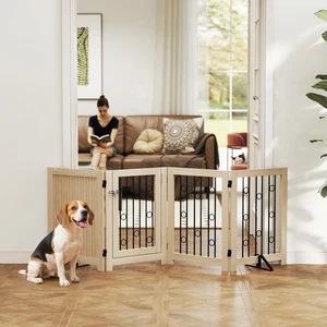 PawHut 4 Panel Freestanding Pet Gate Foldable with Door for Stairs, Doorway - Picture 1 of 11