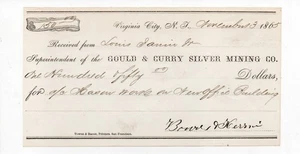 1865 Gould & Curry Mining Company Superintendent Receipt Virginia City Nevada - Picture 1 of 1