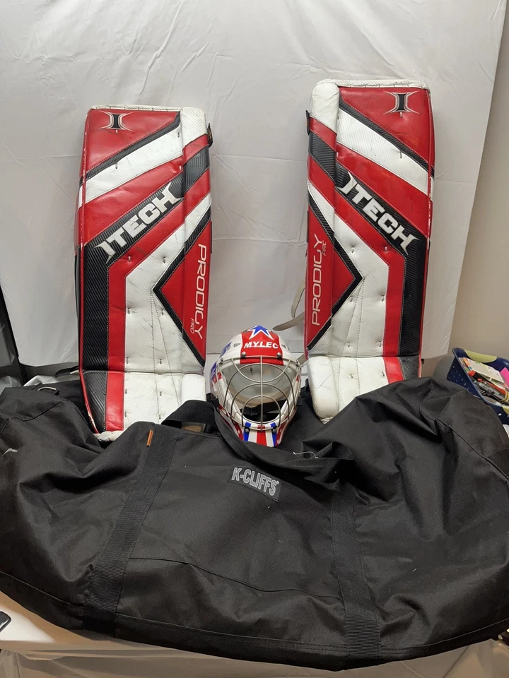 Almohadillas para piernas de portero de hockey blanco/rojo Itech Prodigy Pro 33" con casco y bolsa nuevos Foto 1 de 4