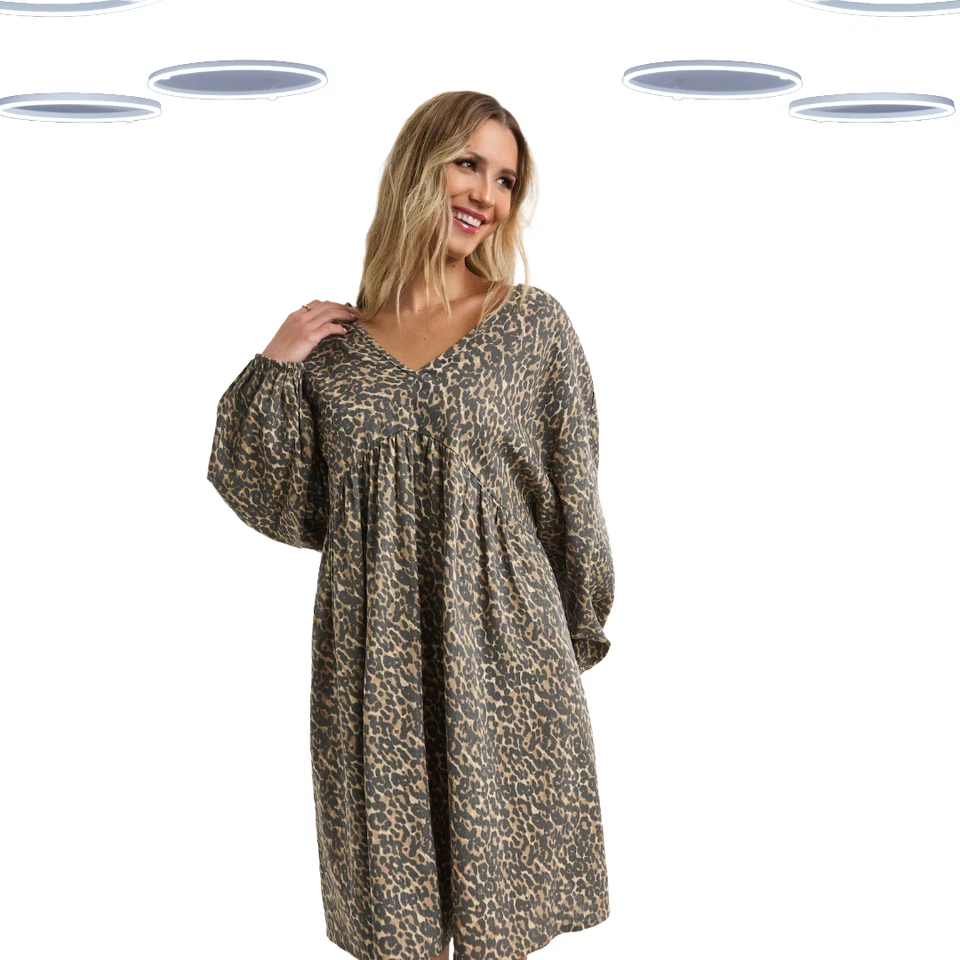 Ex Simply Be Women's Plus Size Animal Print Linen Blend Smock Dress - Brown - Image 1 of 4