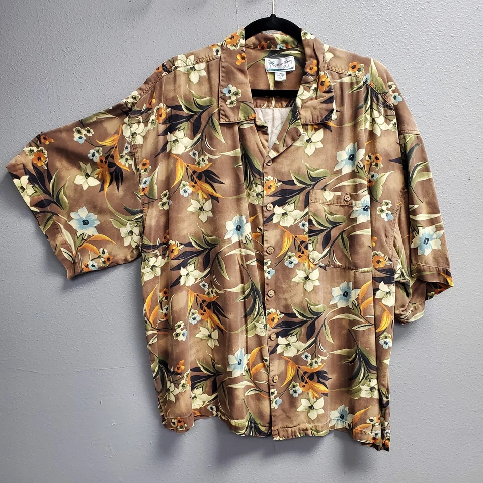 Camisa Monterey Club Para Hombres 2XL Marrón Seda Hawaiana Floral Abotonada Campamento Informal Foto 1 de 4