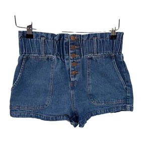 Honey Punch Paperbag High Waist Shorts Womens Medium Blue Cotton Button Fly - Picture 1 of 6