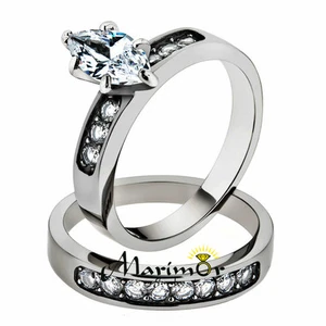 1.65Ct Marquise Cut Cubic Zirconia Stainless Steel 316l Wedding Ring Set Sz 5-10 - Picture 1 of 8