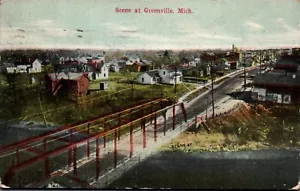 GREENVILLE, MICH. POSTKARTE Szene, früh, Brücke, Häuser 1910 - Bild 1 von 2