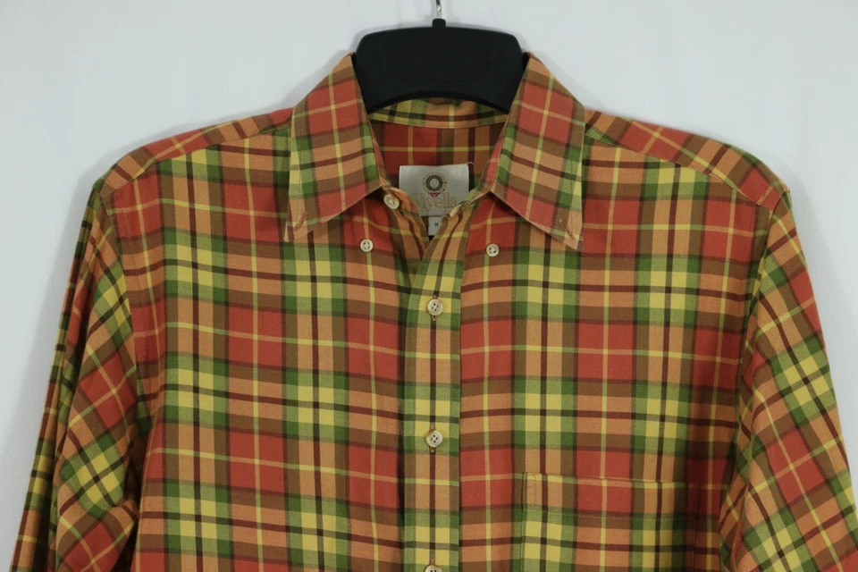 Viyella M Wool Cotton Blend Plaid Button Down Shirt Red Orange Plaid Made in USA - Image 1 of 4