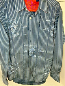 Robert Graham Shirt Large Mens Button Up Blue w Rope Stripe Embroidered L Sleeve - Picture 1 of 14