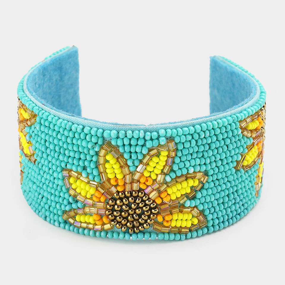 NUEVO Brazalete Abierto Alambre Metal Ajustable Cuentas Semilla Turquesa Girasoles Foto 1 de 1