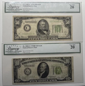 PAIR LEGACY20 VF 1928B LGS 10$ & 1934 LGS 50$ 6220A/5602A - Picture 1 of 2