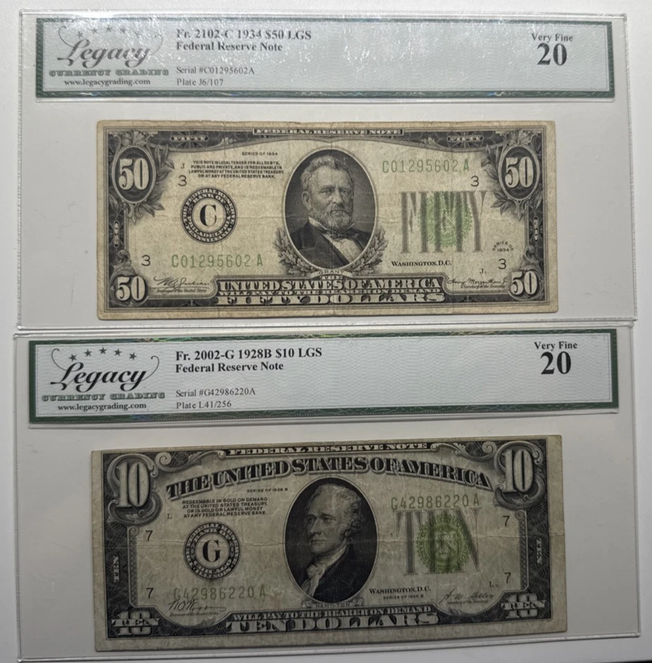 PAIR LEGACY20 VF 1928B LGS 10$ & 1934 LGS 50$ 6220A/5602A - Image 1 of 2