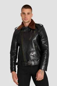 Mens Fur Collar Cafe Racer Biker Motorcycle Cowhide Real Leather Bomber Jacket - Picture 1 of 8