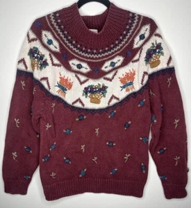 Van Heusen Hand Knitted For Her Floral Sweater Burgundy Size Small Vintage - Picture 1 of 21