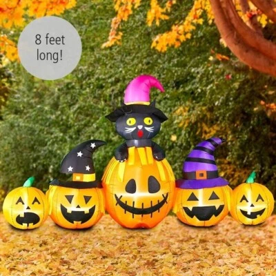 8 Ft Black Cat & Jack-O-Lantern Friends Lighted Halloween Airblown Inflatable - Image 1 of 4