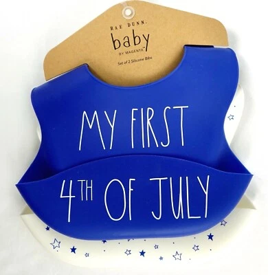 Set of 2 Silicone Baby Bibs Blue Stars First 4th of July White Blue Rae Dunn - Image 1 of 4