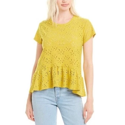 Nanette Lepore Yellow Floral Eyelet Peplum Blouse Size Medium - Image 1 of 4