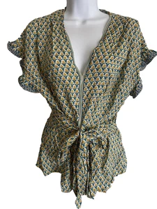 Brandneu Max Studio Blumendruck Rüschenärmel Bindeband Taille V-Ausschnitt Bluse L - Bild 1 von 8