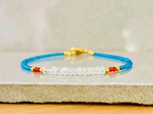 Moonstone, Carnelian & Apatite 3 Multi Gemstone BeadsWomen Dainty Bracelet 6-8" - Picture 1 of 12