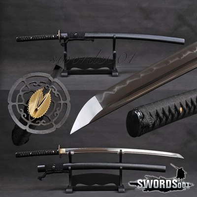 Black Katana Clay Tempered T10 Steel Authentic Japanese Sharp Functional Sword - Image 1 of 4