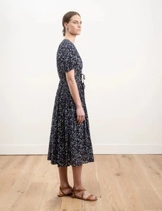 Ulla Johnson Kemala Midi Dress Abstract Printed Blue Black Puff Sleeve 4 Dress - Foto 1 di 11