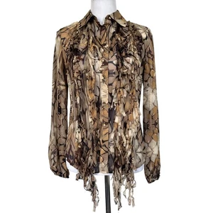Per Se Silk Blouse Button Front Fringe Ruffle Front Brown Print Sheer Women’s 2 - Picture 1 of 8