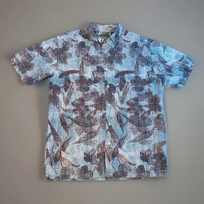 Cubavera 亚麻混纺花卉衬衫男式 M 蓝色红色短袖休闲度假村 — 第 1/4 张图片