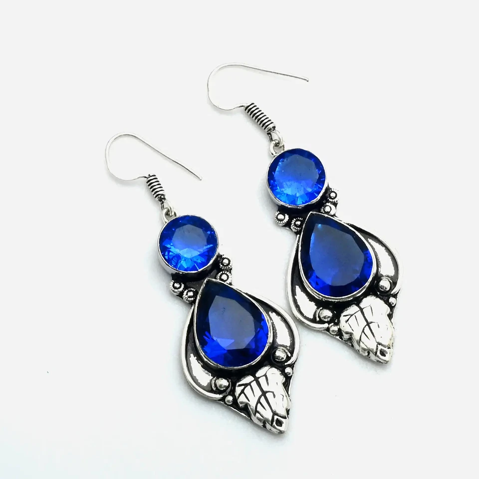 Brincos pendurados de gota feitos à mão de pedra preciosa de tanzanita joias para ela 2,2" AE-11409 - Imagem 1 de 1