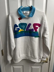 Vintage Golf Crewneck Sweatshirt With Collar White Colorful Custom Size Large - Picture 1 of 8