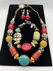 Native American 925 Jewelry~Parure ~Signed Thresa Sputnik Beads Coral Turquoise - Picture 1 of 16