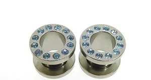 PAIR OF 2g (6MM) GEM FLESH TUNNELS w/ LIGHT BLUE STONES EARLET PLUGS TUNNEL - Picture 1 of 1