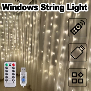 Window Curtain String Lights With Remote Hook 300 Led 3m*3m Plug In Usb 8 Modes - Picture 1 of 16
