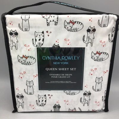 Juego de sábanas 4 piezas Cynthia Rowley gatos de San Valentín REINA gatito corazones rojos arcos gafas Foto 1 de 4
